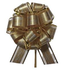 7.5" Mixed Fabrics Printed pattern Pull Bows - GOLD 50/cs
Gold bow with gold highlights and gold trim
14 loops, 2" wide ribbon, 7.5" Diameter