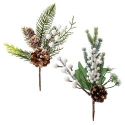 12" Mixed green pick with white berries & pinecones - 2 designs