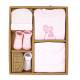 5-PC Organic Cotton Pink set
Set includes: Bodysuit, cuffed pants, hat, and 2 pairs of socks
100% Organic Cotton 
0-6M
