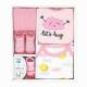 5-PC Cotton Pink set - Let's Hug
Set includes: short sleeve body suit, Pant, Bib & 2 pairs of Socks 
100% Cotton, Socks 75% Cotton, 23% Nylon, 2% Spandex
0-6M