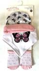3-PC set - Butterflies Set includes: Hat, Bib & Sock set Hat:100% Cotton, Bib front 80% Cotton, 20% Polyester & Terry back Socks: 75% Cotton, 23% Nylon, 2% Spandex
