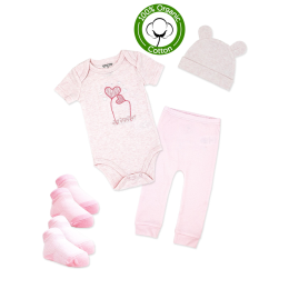 5-PC Organic Cotton Pink set
Set includes: Bodysuit, cuffed pants, hat, and 2 pairs of socks
100% Organic Cotton 
0-6M
