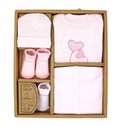 5-PC Organic Cotton Pink set
Set includes: Bodysuit, cuffed pants, hat, and 2 pairs of socks
100% Organic Cotton 
0-6M

