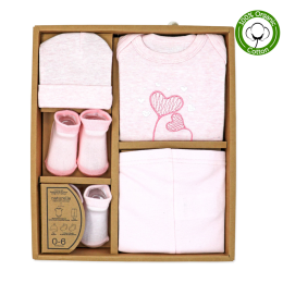 5-PC Organic Cotton Pink set Set includes: Bodysuit, cuffed pants, hat, and 2 pairs of socks 100% Organic Cotton 0-6M