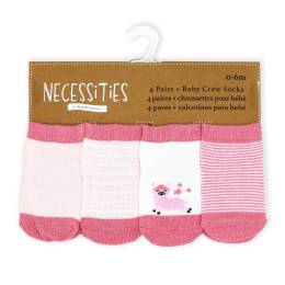 Necessities 4-Pairs baby crew socks - 0-6 - Pink Llama