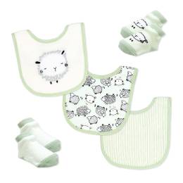 5 Piece Bib and Sock Set:  Sage sheep
Set includes: 3 Bibs & 2 pairs of socks