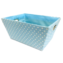 <p>Medium Rectangular Blue with white Polka Dots basket with matching fabric liner 13