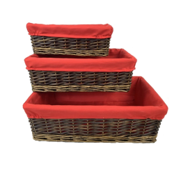 Set of 3 willow baskets with red fabric liner