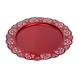 <p>Red metal plate with scalloped edge 12.8