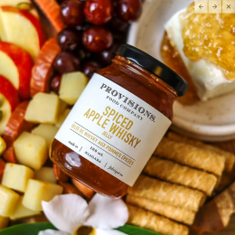 Provisions Spiced Apple Whisky Jelly 125 ml., 12/cs
Beautiful flavours of warm spices, apple & whisky. A perfect accompaniment to firm, rich cheeses, especially an aged cheddar.
All-natural and preservative-free, Vegan and gluten-free.