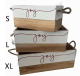 Set of 3 Rustic JOY multicolored crates with jute 
S: 12"x6"x6"H
L: 13.5"x7"x6"H
XL: 16"x8"x6"