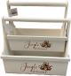 Set of 2 White wood "Jingle all the way" tool box style crate
L: 16"x8"x14"H S: 14"x6"x12"H