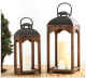 Set of 2 Vintage wood, glass and iron lanterns
Small:8"x8"x18"H,
Large:10.5"x10.5"x25"H
