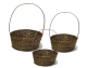 Brown set of 3 Round bamboo baskets with handle S: 8"Dx4"H, M: 10"Dx4"H, L:12"Dx4"H