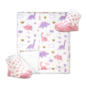 Fleece & Sherpa Blanket with 2 pairs of Socks: Pink Dinosaur