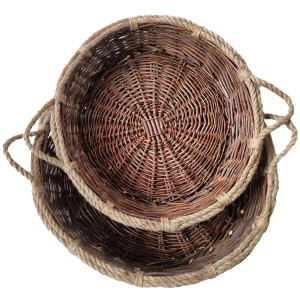 Set of 2 Round willow baskets with rope rim & handles S: 17"Dx5"H, L: 21"Dx6"H