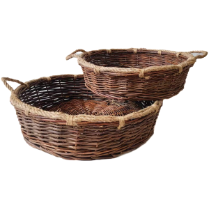 Set of 2 Round willow baskets with rope rim & handles S: 17"Dx5"H, L: 21"Dx6"H