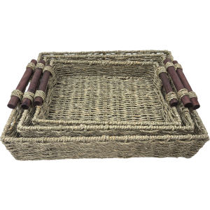 Set of 3 Natural Seagrass  baskets with wooden handles
S: 14"x10"x3.2"H
M: 16"x12"x3.6"H
L: 18"x14"x4"H