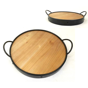 CBX682R - Round wood & iron tray with handles 15.5"D