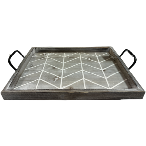 <p>Small Wood tray with iron handles 16"x11"x1.5"Hx3.75"OH</p>