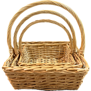 Medium piece in a Set of 3 willow baskets with handle
M:15"x11"x5.2"Hx14”OH