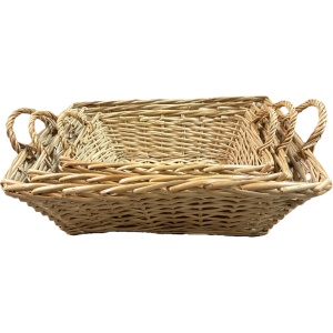 Set of 3 Rectangular willow baskets with handles
S:14"x10"x4"H
M:16"x12"x5"H 
L:20"x15"x6"H 
