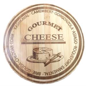 Round bamboo cutting board engraved with Cheese selection