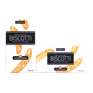 Cherrington crispy & delicious Biscotti with almonds 60 gr., 24/cs
Contains: 2 individually wrapped almond biscotti - DUAL DISPLAY BOX