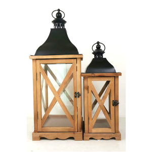 Et of 2 Vintage wood, glass and iron lanterns