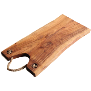 Acacia wood live edge board with jute handle 18"x8"x1"H