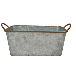 Rectangular galvanized metal container with copper trim 16"x8"x6"H