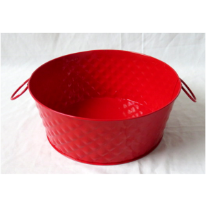 White Round Metal container with folding handles 10"Dx4"H