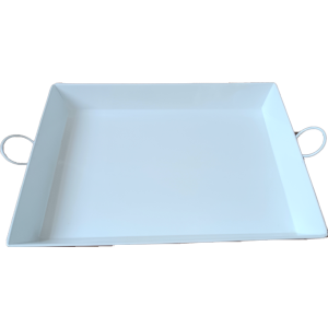 White rectangular metal tray with folding handle