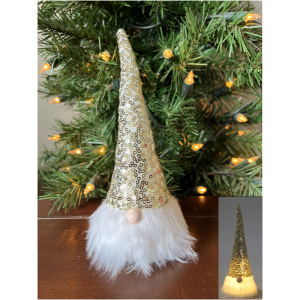 LED Gnome Santa with gold sequins hat 9"H