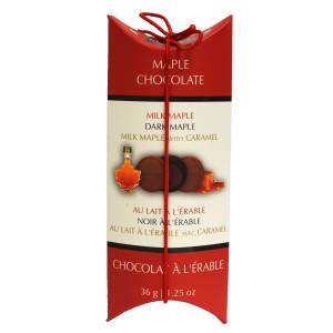Assorted Maple Chocolates Tall Pillow Box 36 gr., 24/cs
Milk maple, Dark maple, Milk maple with caramel