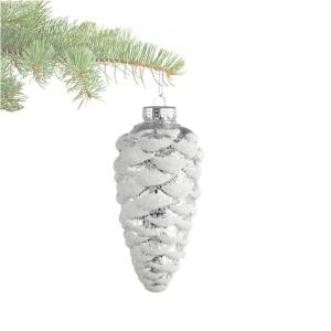 Frosted pine cone ornament with silver glitter 6.5"