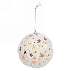 Ivory faux fur ornament with golden stars 4"D
