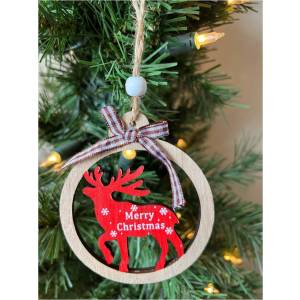 Wood ribboned Reindeer Ornament with Merry Christmas 3.2"x4"