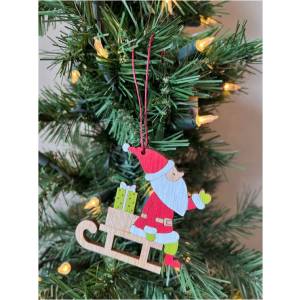 Wood Santa on a sled Ornament  3.2"x3.2"