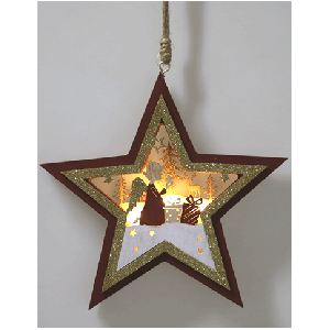 PAD535LSTR - LED Wood hanging star with glittered Angel scen