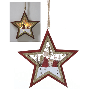 PAD535LSTR - LED Wood hanging star with glittered Angel scen