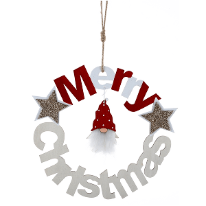 PAD538MC - Wood Merry Christmas wreath with glittered stars