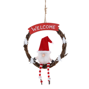 PAD540GNM - Woven decorated wreath with gnome & Welcome plaq