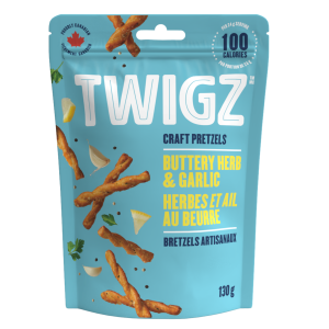 TWIGZ craft pretzels - Buttery Herb & Garlic 130 gr., 12/cs
These buttery pretzels are seasoned with garlic, spices and a hint of lemon, then baked in small batches for a deeply satisfying flavour.