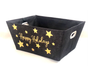 Rectangular Black with Happy Holidays in Gold basket with matching fabric liner 13