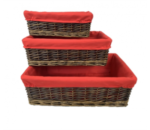 Smallest in Set of 3 willow baskets with red fabric liner 12